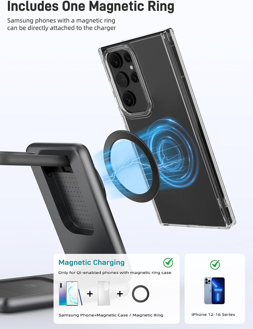 Magnetic Wireless Charger for Samsung, 3 in 1 Foldable MagSafe Charging Station for Galaxy S25 Ultra/S24/Z Fold7/Flip7/Buds, One-Click Ejection Charger Only for Samsung Galaxy Watch 8/Ultra/7