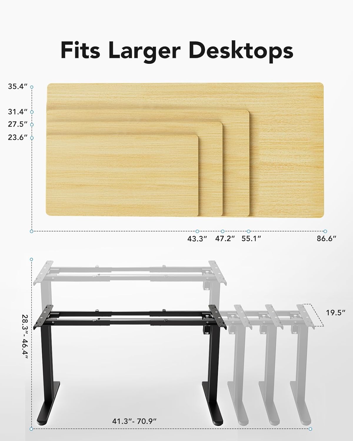 HUANUO Standing Desk Frame with 220lbs Powerful Brushless Motor, Double Crossbeam Structure, Thick Adjustable Desk Legs, for Max 35.4″ x 86.6″ Desktop, for Home Office, Black Frame Only