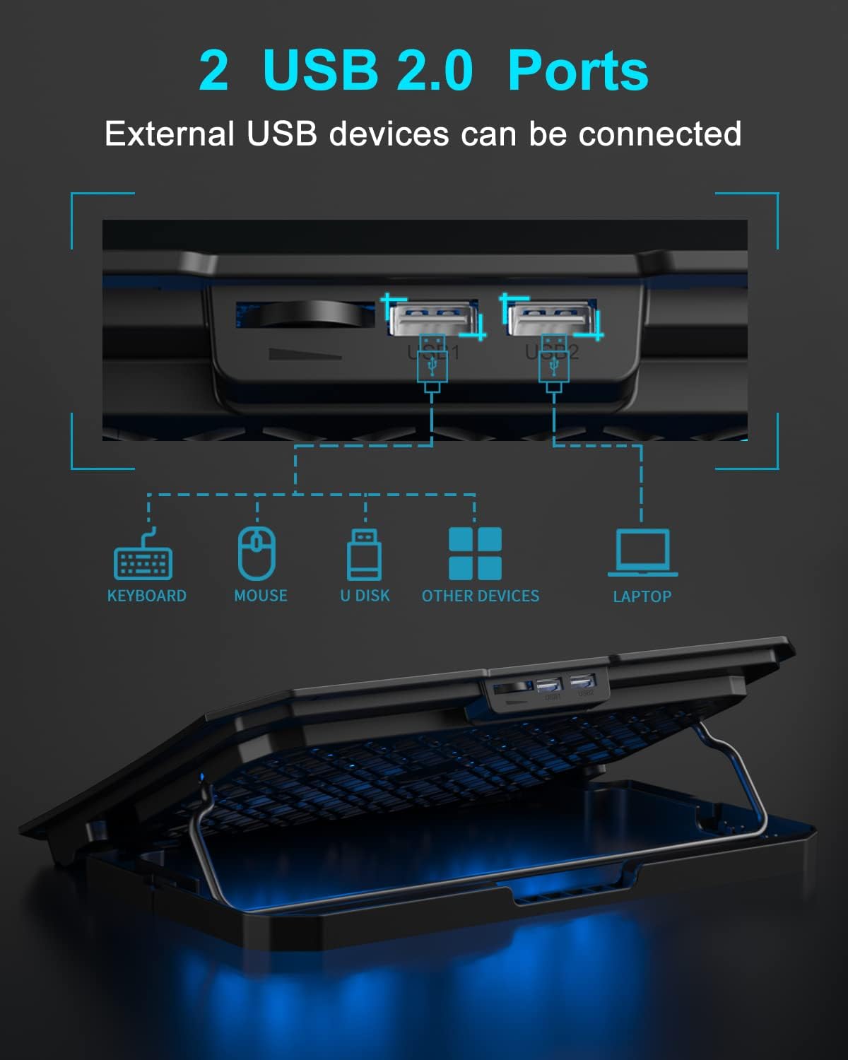 KeiBn Laptop Cooling Pad, Gaming Laptop Cooler 2 Fans for 10-15.6 Inch Laptops, 5 Height Stands, 2 USB Ports (S039)