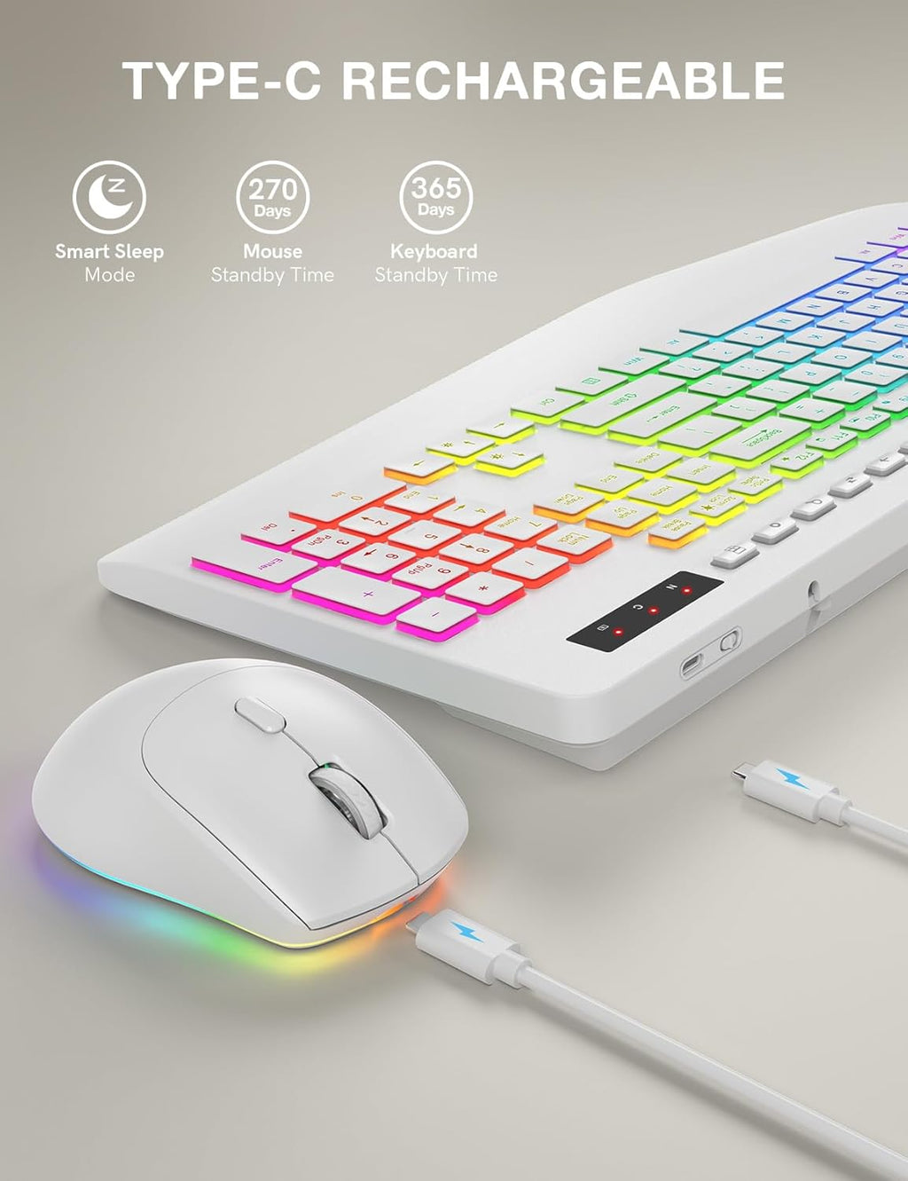 Wireless Keyboard and Mouse Backlits, Wrist Rest, LED Mouse, Rechargeable Ergonomic Keyboard with Phone Holder, Silent Light Up Combo for Computer, Mac, PC, Laptop, Chromebook (White)