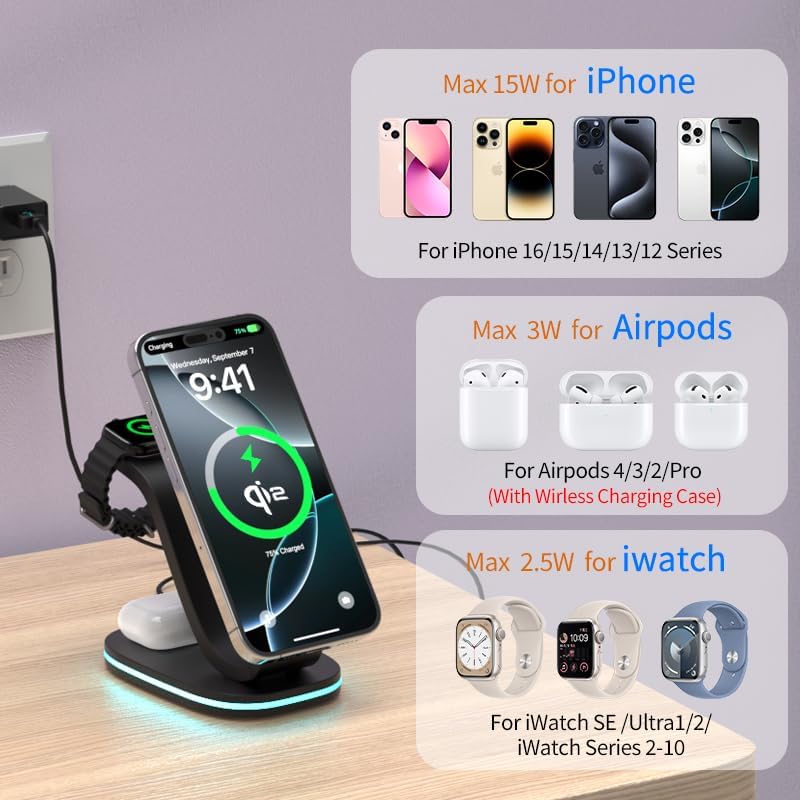 3 in 1 Wireless Charging Station for Qi2 Apple Multiple Devices, 30W USB C Adapter&Light, Fast Magnetic Charger Stand Compatible with iPhone 16 15 14 Pro Max, Apple Watch Series 10 9 & Airpods 4 3 Pro