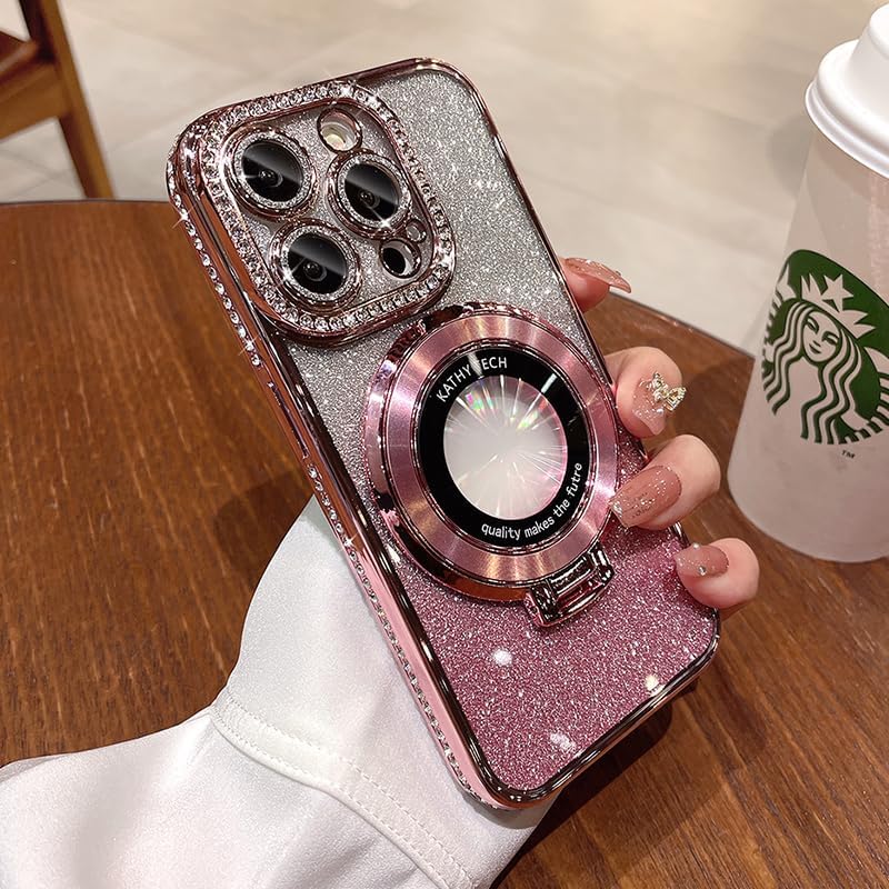 Magnetic Kickstand (Glitter Lens Protector ) Case for iPhone 15 14 13 16 Pro Max (Compatible with Magsafe ) Sparkling Diamond Cover Glitter Shiny Rhinestone Cases (Pink,for iPhone 16 Pro)