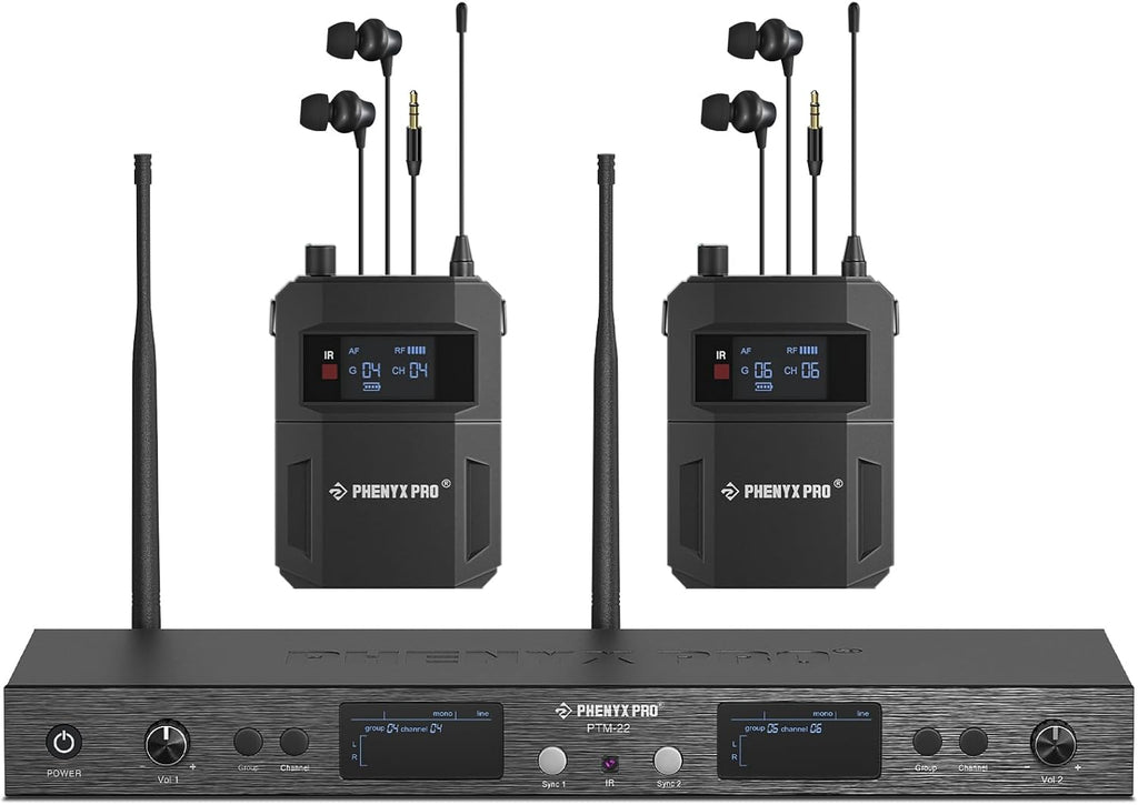 Phenyx Pro UHF Mono Dual Wireless in-Ear Monitor System, Metal Wireless IEM System, Sturdy Bodypack Receiver, 2x50 Frequencies, Separate Outputs,164ft Operation, Suitable for Band and Studio (PTM-22)