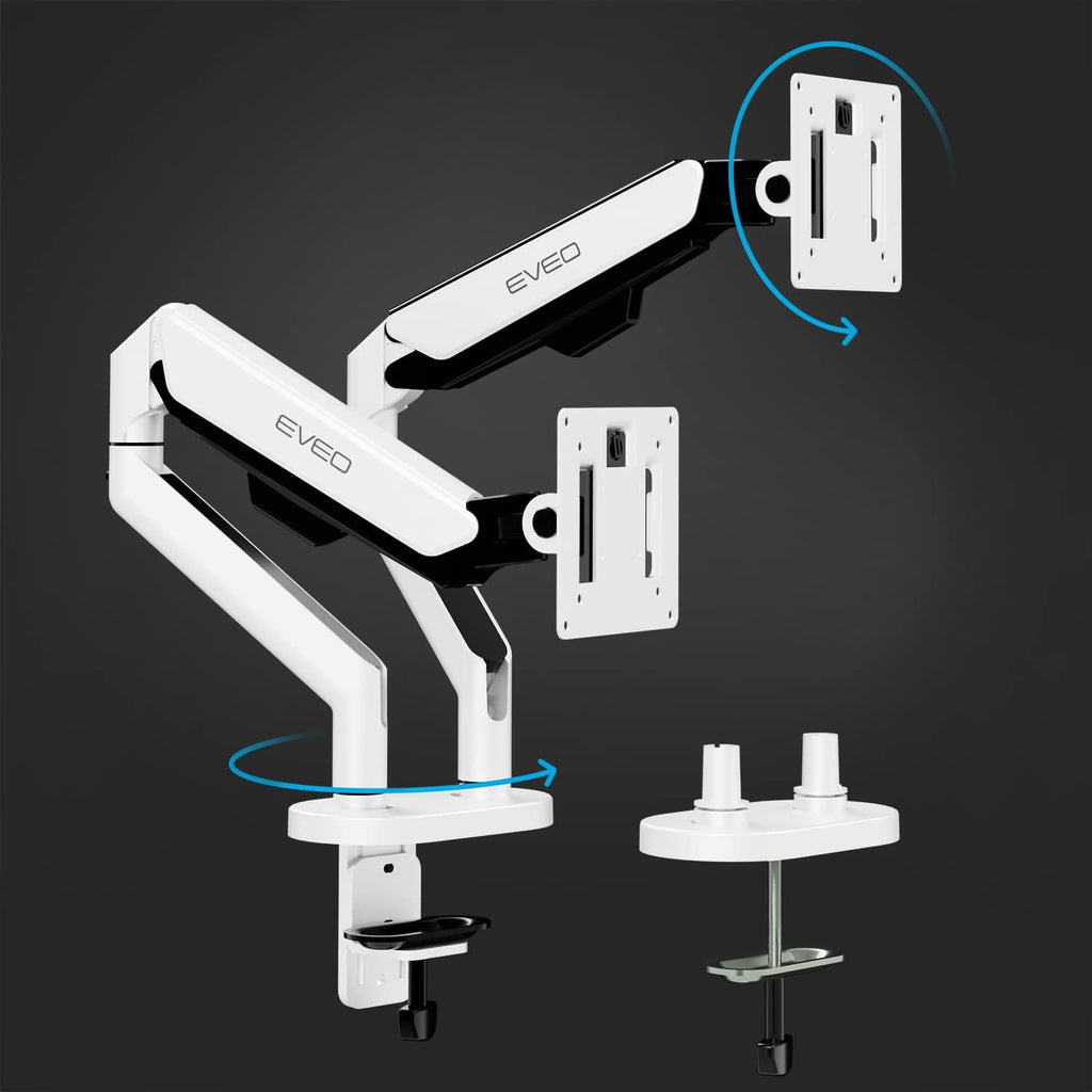 EVEO Premium Dual Monitor Mount 14"-35” Dual Monitor Arm VESA Bracket Adjustable Height Gas Spring Dual Monitor Stand, Screen Full Motion Dual Monitor Arm-Computer Monitor Stand for 2 Screens - White