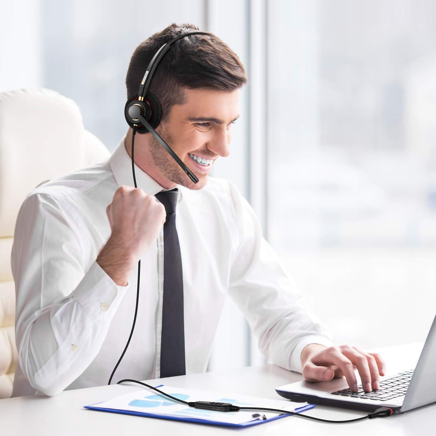 Headset with Microphone Noise Cancelling & Audio Controls Ultra Comfort Headphone for Computer Laptop Pc Business Skype UC Webinar Call Center Office (USB A & USB C Adapter)