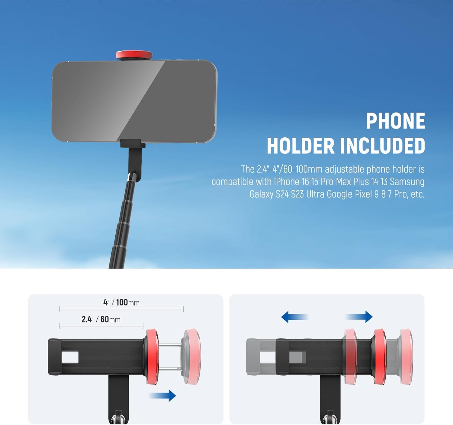 NEEWER Basics PA991 Selfie Stick Tripod Compatible with iPhone Samsung Android, 57.9 Inch Metal Portable Lightweight Travel Mobile Phone Stand with Holder & Remote Control for Video Recording
