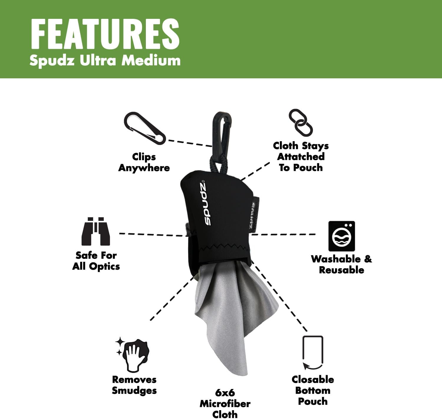 SPUDZ Ultra Microfiber Lens Cleaner – Closable Pouch, Clip-On, Washable – for Optics, Scopes, Glasses | Avocado, 6 x 6 Inch