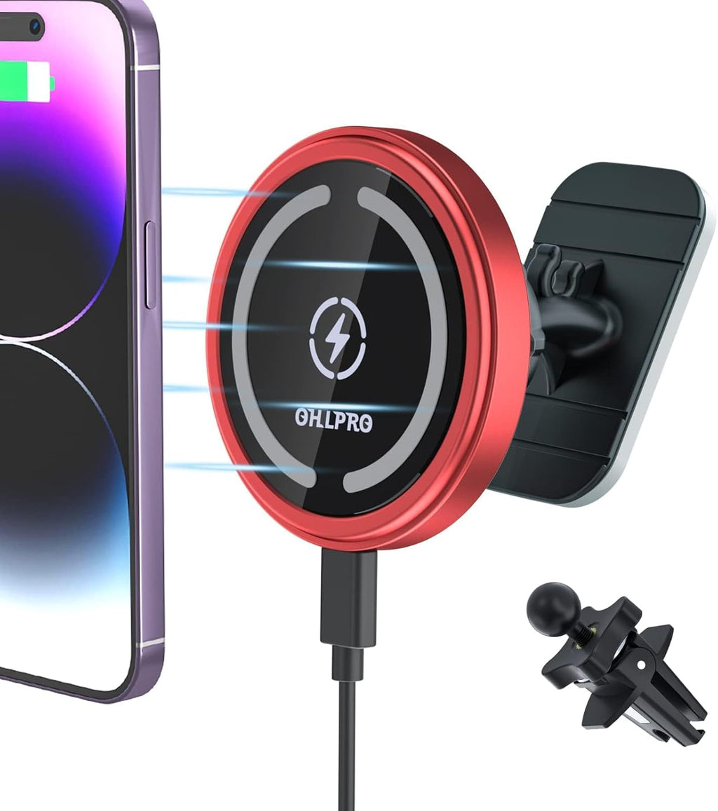 OHLPRO for iPhone 16 Magsafe Car Mount, Dashboard Magsafe Car Phone Holder Charger for 15 14 13 12 Pro/Pro Max/Plus/Mini,15W Fast Charging Vent Mount, Super Fashion & Hands Free, Red
