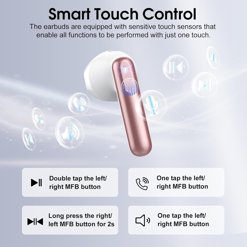 Wireless Earbuds, Bluetooth 5.4 Headphones with 3D Bass Stereo, 40H Ultralight in-Ear Buds, Bluetooth Earbuds with 4 ENC Noise Cancelling Mic, USB-C, IP7 Waterproof Earphones for Android iOS, Rose