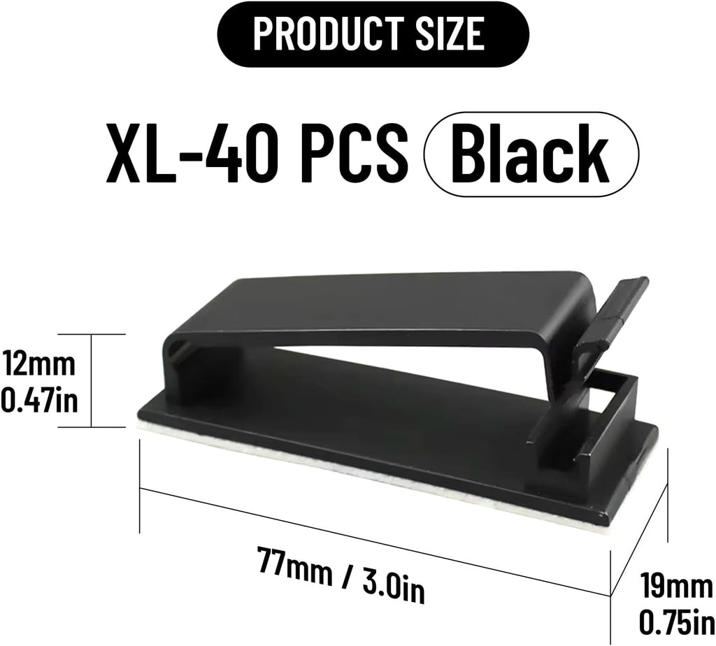 Adhesive Cable Clips Holder, Outdoor Light Clips, Black Cord Wire Clips, Sturdy Nylon Cord Wall Finisher Wire Clamp for Home, Car, Office Desk Wire Management (Black, XL-40 PCS)