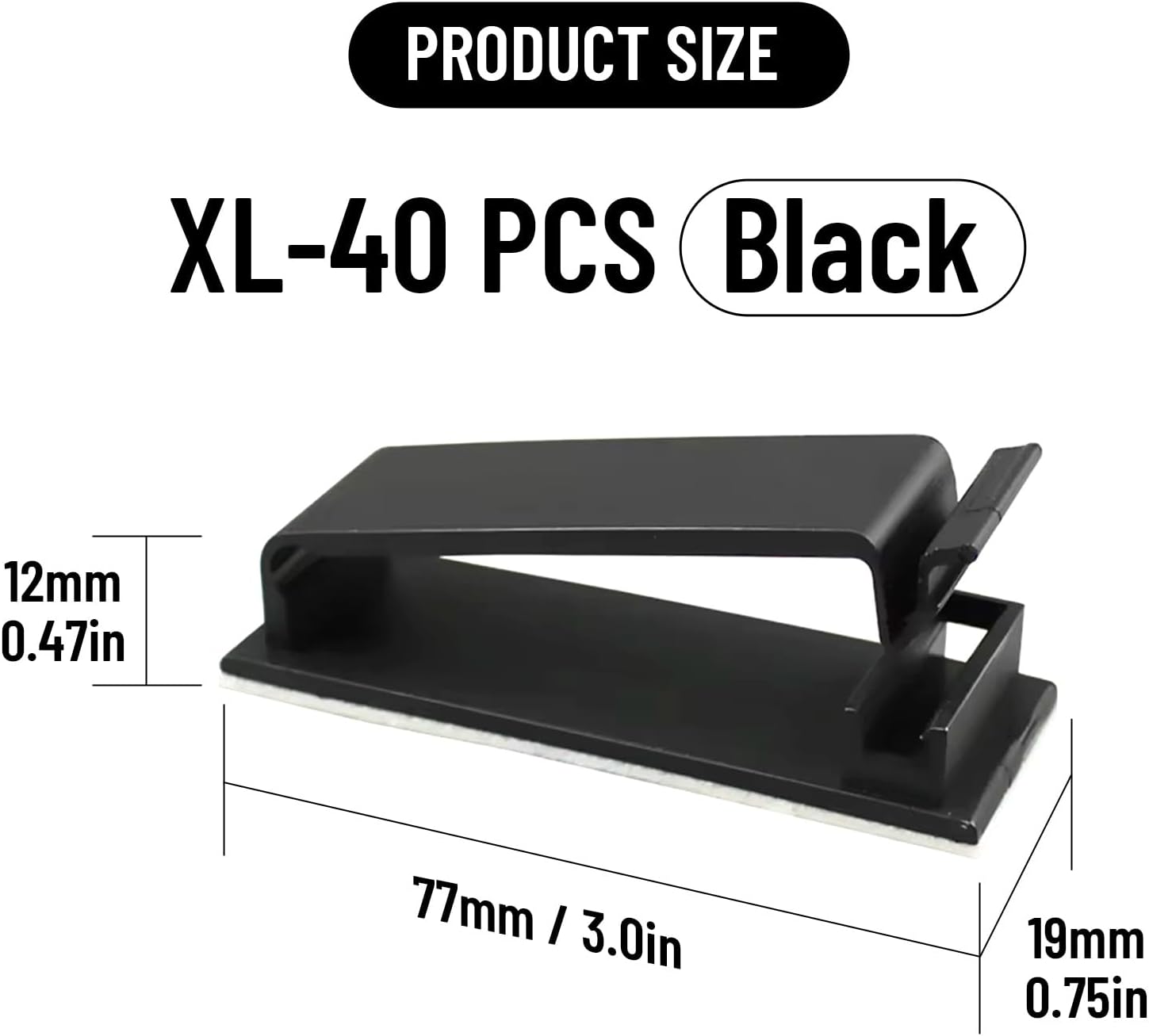 Adhesive Cable Clips Holder, Outdoor Light Clips, Black Cord Wire Clips, Sturdy Nylon Cord Wall Finisher Wire Clamp for Home, Car, Office Desk Wire Management (Black, XL-40 PCS)