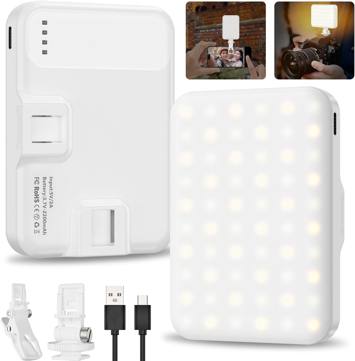 Selfie Light, LED Camera Light Video Lights 60 LED 2200mAh Rechargeable Phone Light 7 Modes, 10-Level Brightness, Portable Clip on Light for Phone/Tablet/Laptop White