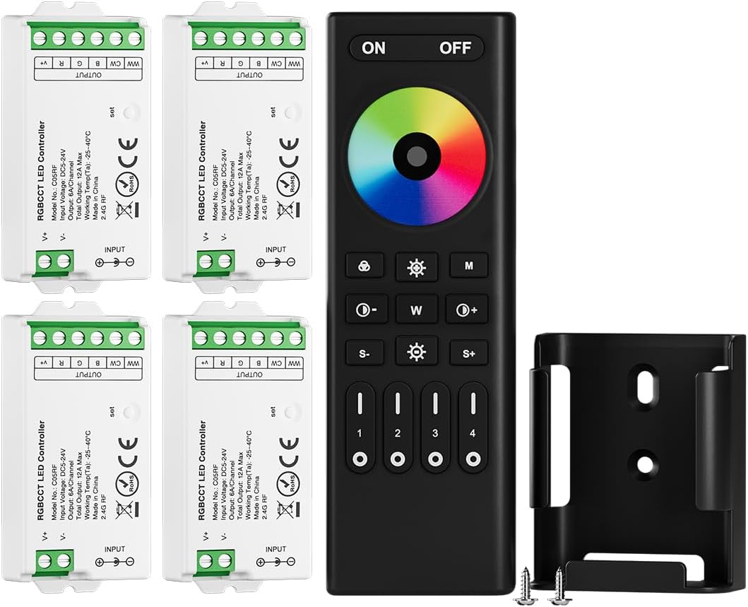 BTF-LIGHTING 5050SMD FCOB COB RGBCCT RF 2.4GHz Wireless Remote RC03RFB &4PCS C05RF Tuya Controller Kit 4 Zones Group Control PWM RGBWW (+ R G B C W) 6pin LED Strip DC5V DC12V DC24V