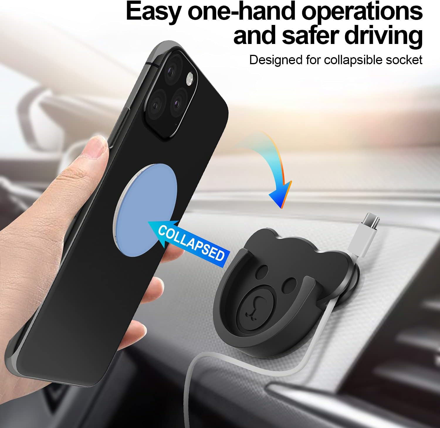 TOPGO Socket Car Mount for Phone Holder Cute Bear Style Silicone Grip Stand with Phone line Clasp for Collapsible Socket User Used on Dashboard, Home, Office, Kitchen, Desk, Wall (Black) 3 Pack