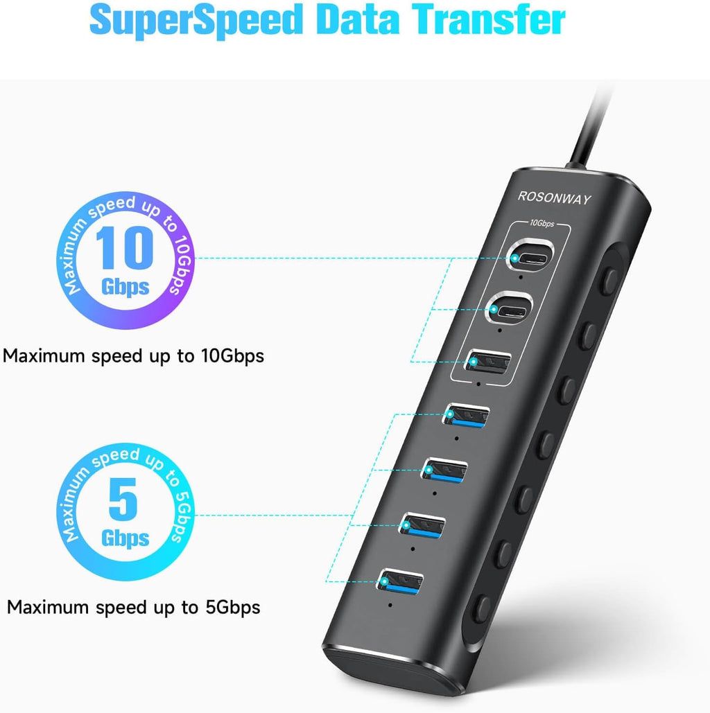 Powered USB Hub, Rosonway 7-Port USB 3.2/USB C Hub with 10Gbps USB-A 3.2, 2 USB-C 3.2, 4 USB 3.0 Ports, Individual Switches and 12V Power Adapter, Aluminum USB Port Expander for Laptop/PC, RSH-A107C