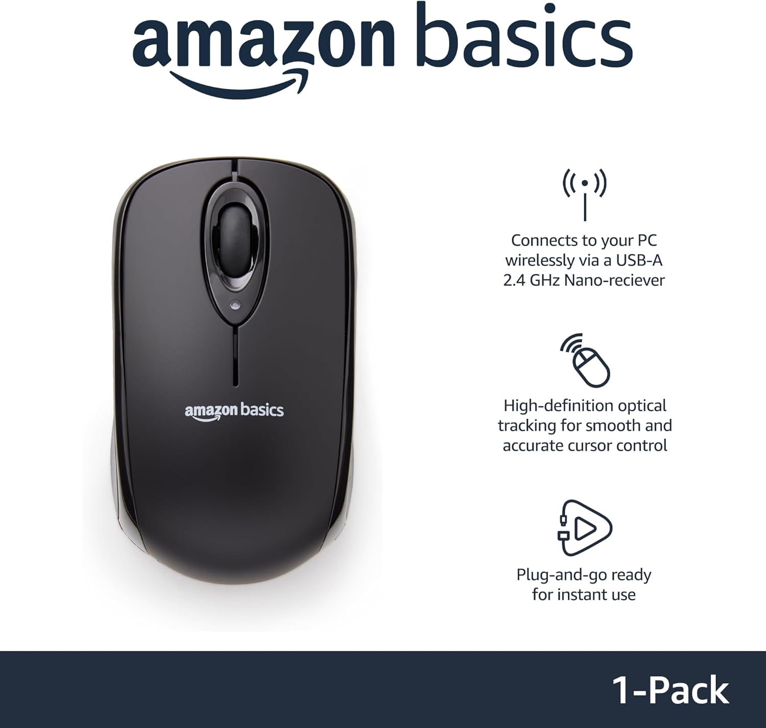 Amazon Basics 2.4 Ghz Wireless Optical Computer Mouse with USB Nano Receiver, Black