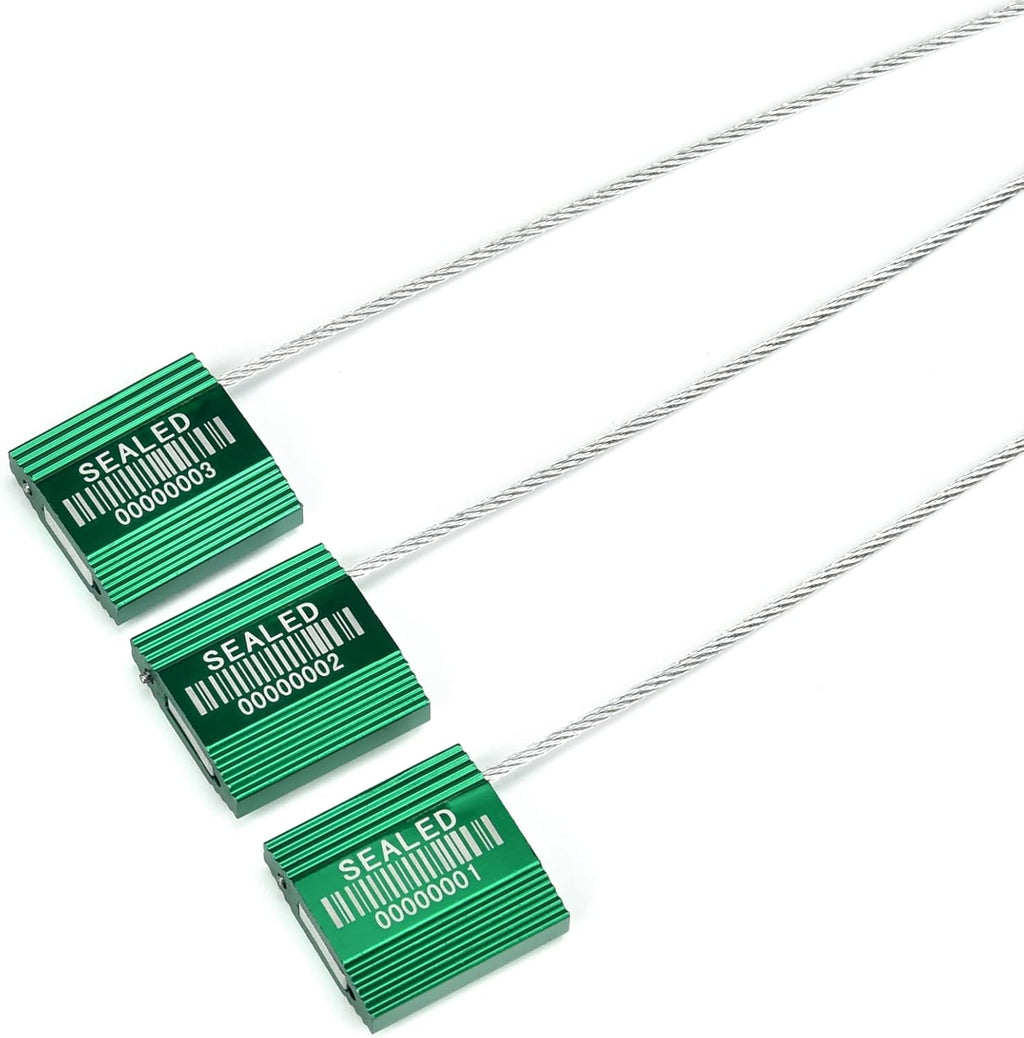 100 Green Steel Cable Seals With Barcode - High Security Numbered Truck Anti-Tamper Pull Tite Tags - Metal Container Shipping Self-Locking Safety Ties ISO 17712