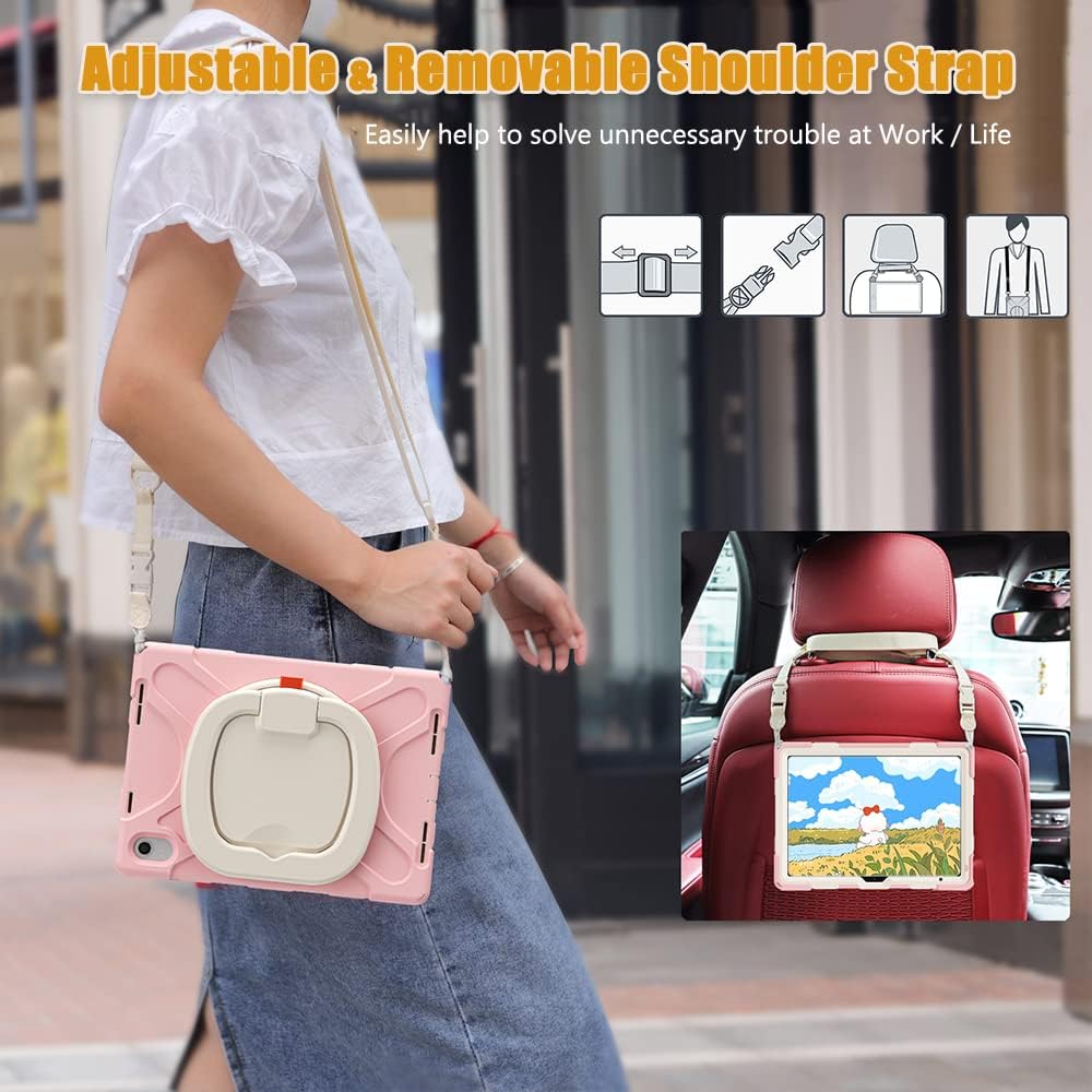 SCSVPN Case for iPad (A16) 11th Generation 11-inch 2025/10th Generation 10.9 Inch 2022, Full Body Shockproof Protective Kids Cover with Pencil Holder, Rotating Stand & Handle, Shoulder Strap - Pink