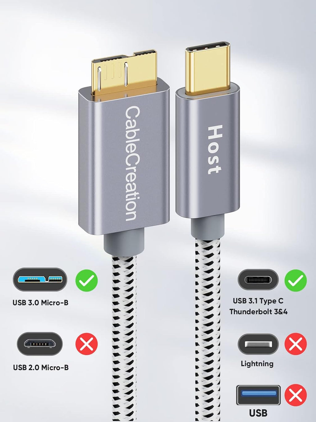 CableCreation 3.3FT USB C to Micro B Cable,10Gbps Speed External Hard Drive Braided,USB 3.1 Type C to Micro B Work for iPhone 15 Series,Seagate WD Westgate My Passport,MacBook Pro,iPad/Tablet,Grey
