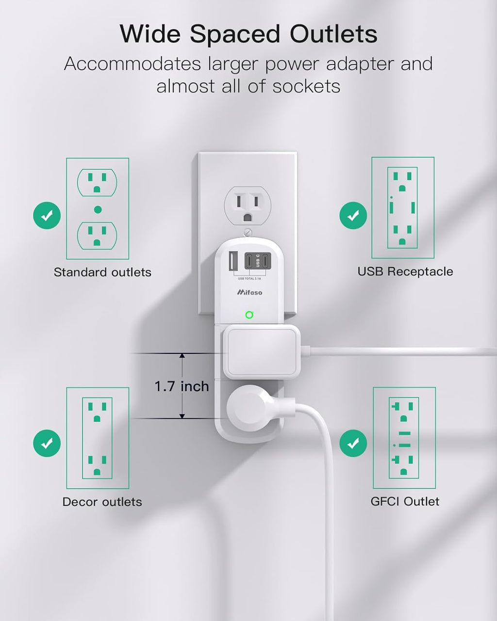 PD30W USB Outlet Extender Surge Protector - with Rotating Plug, 6 AC Multi Plug and 3 USB Ports (2 C), 3-Sided Swivel Power Strip Spaced Splitter for Home, Office, Travel
