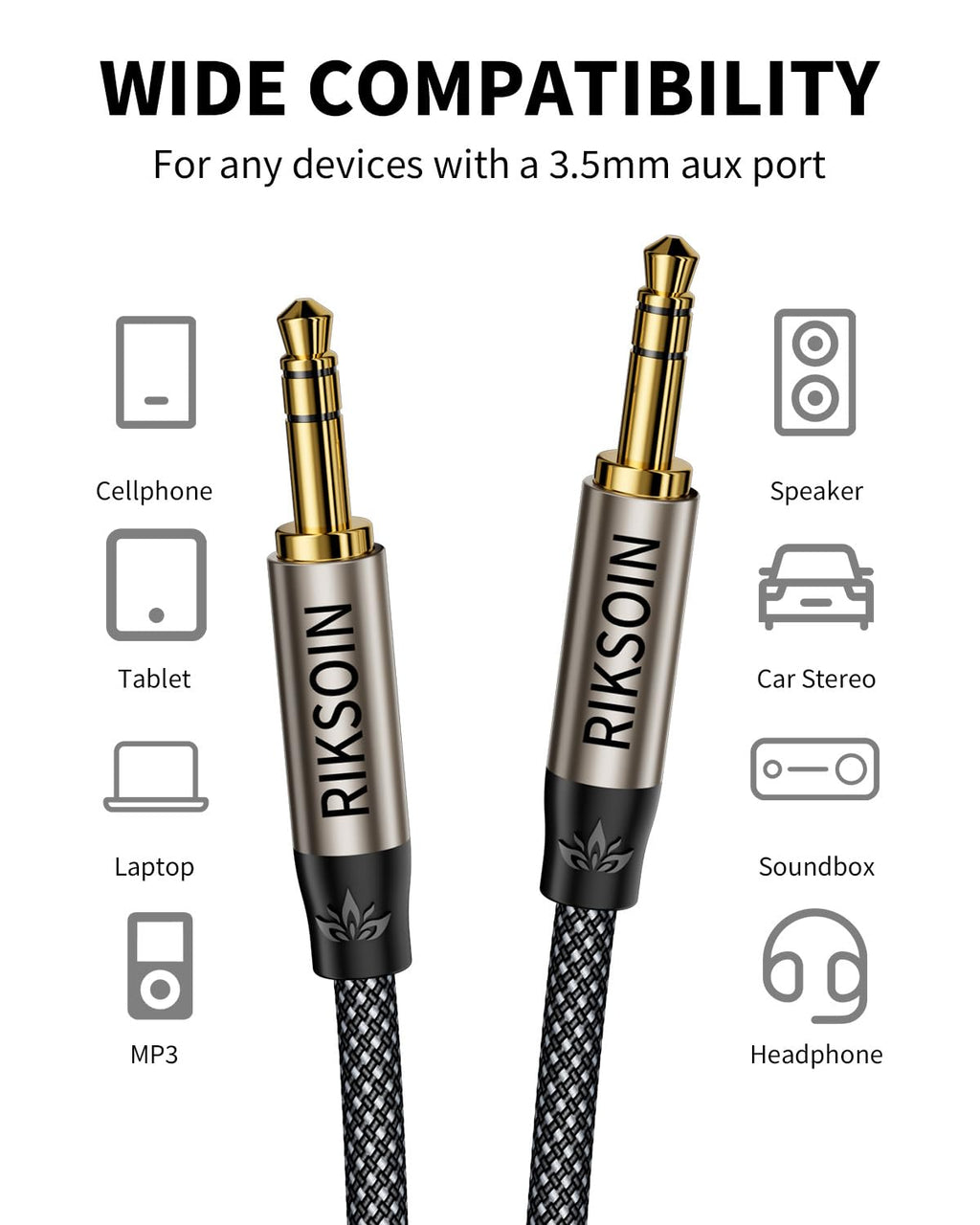 3.5mm Aux Cable, Silver-Plated Wire Core Male to Male Cord for Headphones Car Home Stereos Speaker Compatible with iPhone iPad iPod Echo -16.4FT/5M