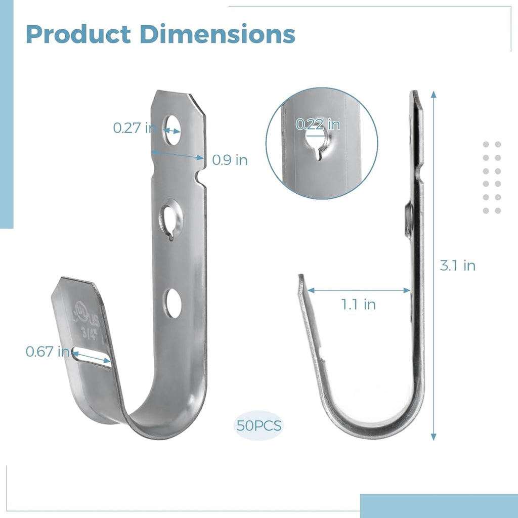 OMISTAR 50 PCS Cable Support J Hooks, 3/4 in Cable Management Brackets, Heavy Duty Galvanized Iron Wire Hooks for Network Cables, Fiber Optics, Rust-Resistant for Outdoor Use