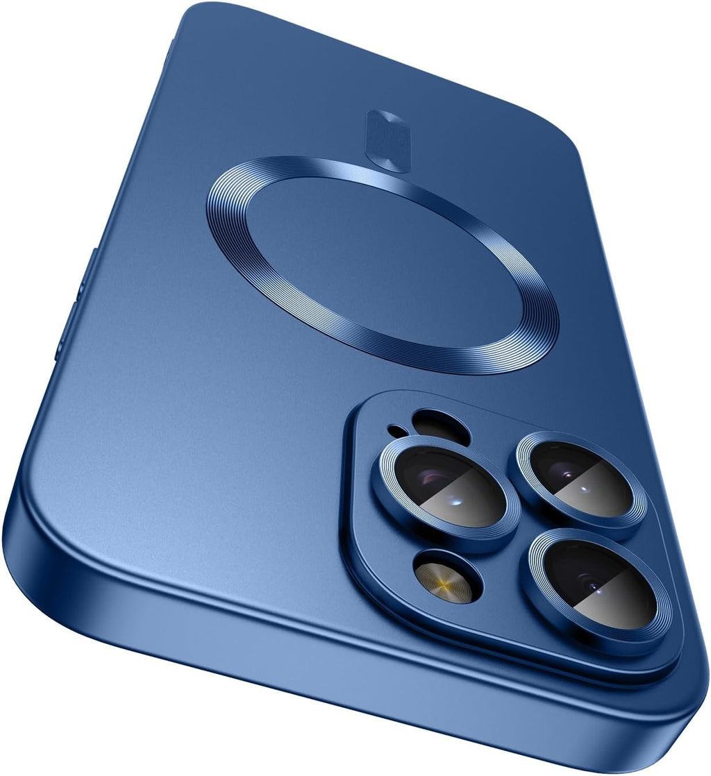 Magnetic for iPhone 15 Pro Max Case [Compatible with MagSafe][Built-in Camera Lens Protector] Slim Soft Silicone Bumper Shockproof Metallic Luster Phone Case (Blue)