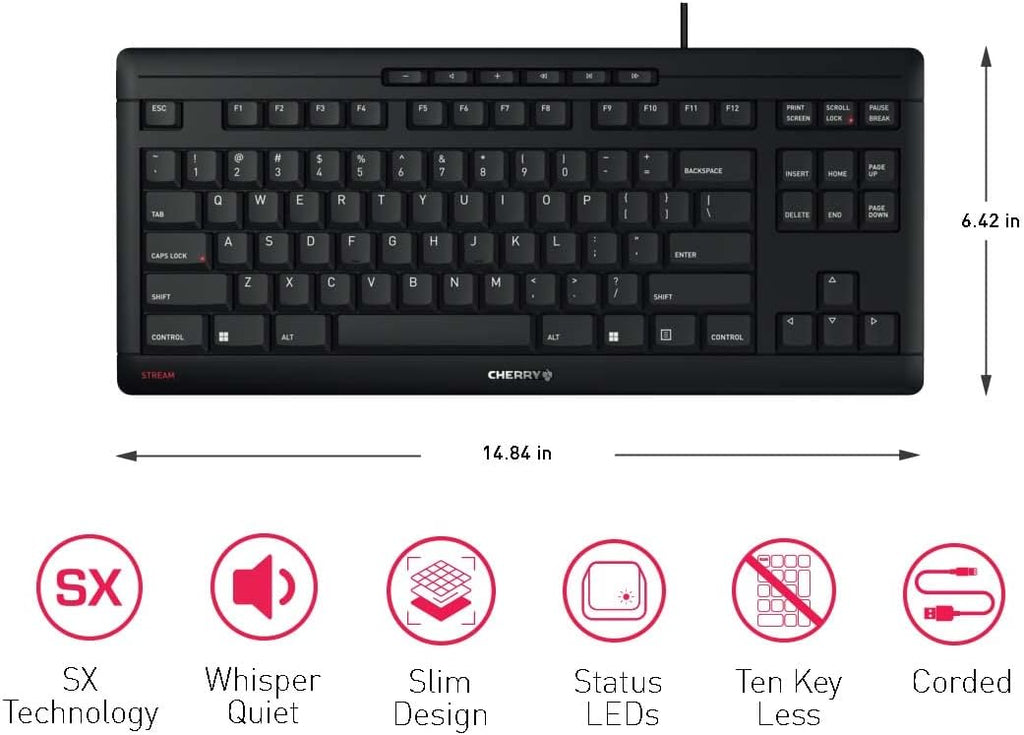 CHERRY Stream Keyboard TKL Wired USB TenKeyLess Compact Version without Number Pad. Silent Keystroke. Ideal for Office and Industrial Use.