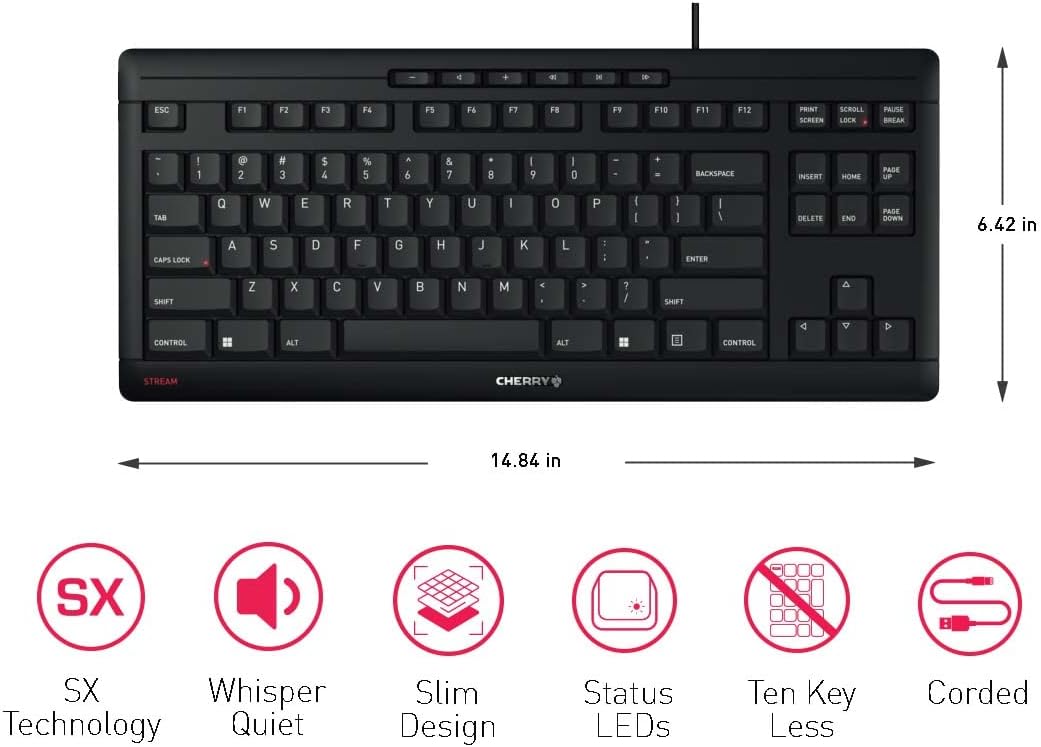 CHERRY Stream Keyboard TKL Wired USB TenKeyLess Compact Version without Number Pad. Silent Keystroke. Ideal for Office and Industrial Use.