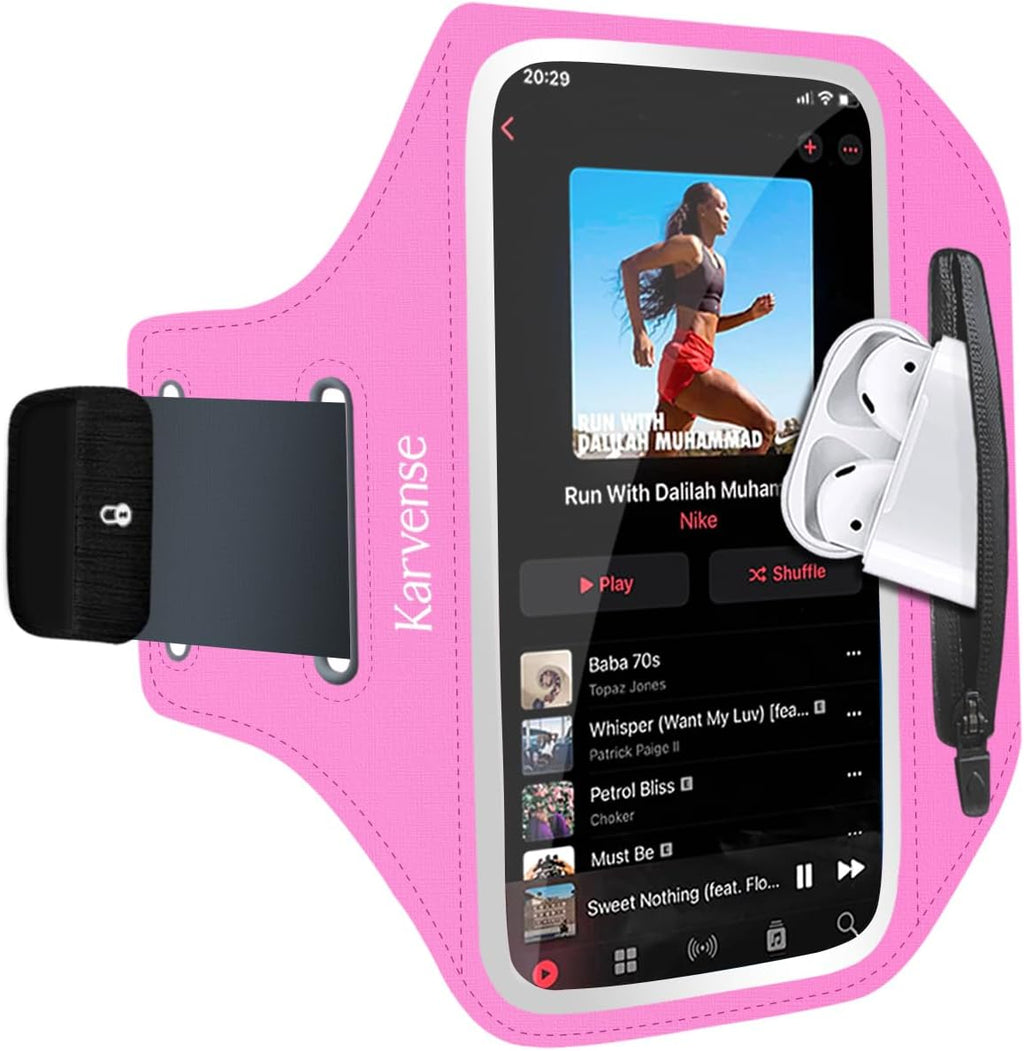 Running Phone Holder, Arm Band for Running for iPhone & Samsung Galaxy, Cell Phone Armband Holder for Walking, Gym, Workout, Men, Women, w/Adjustable Strap & Zipper Pocket (Pink-L)