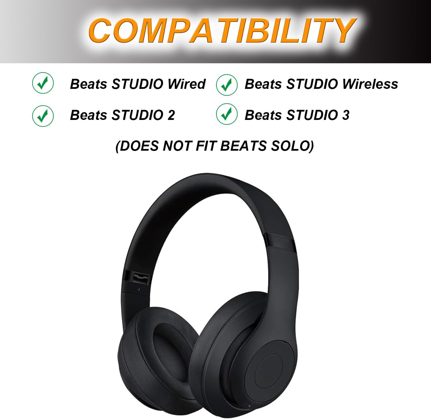 Replacement Ear Pads Cushions for Beats Studio（B0501、B0500），Beats Studio 2 & Studio 3 Wired & Wireless Headphones, Earpads with Soft Protein Leather, Noise Isolation Memory Foam - Grey (Black)