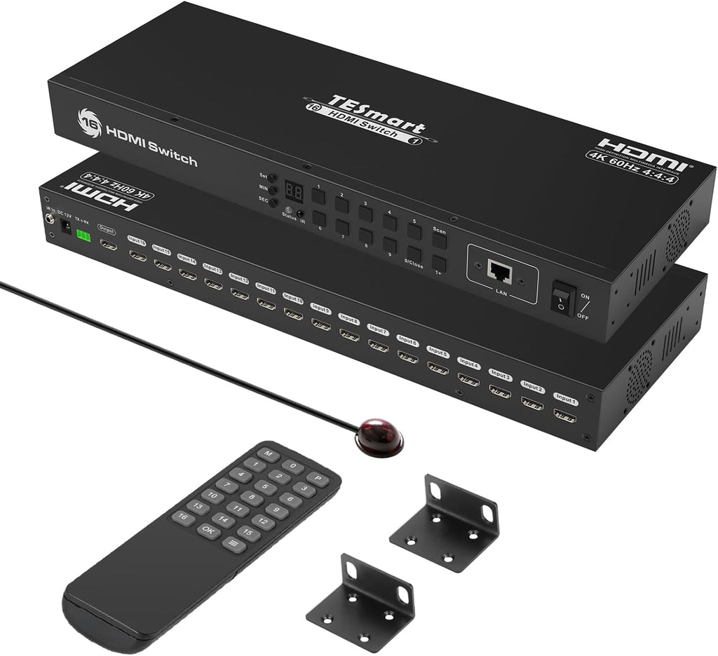 TESmart 16×1 HDMI Switch 16 in 1 Out 4K HDMI Switcher with IR Remote 4K@60hz 16 Port HDMI Switch Box HDCP 2.2,Auto Switch,19-inch Rack-Ears Mount,LAN Port Control,Auto Scan Switch