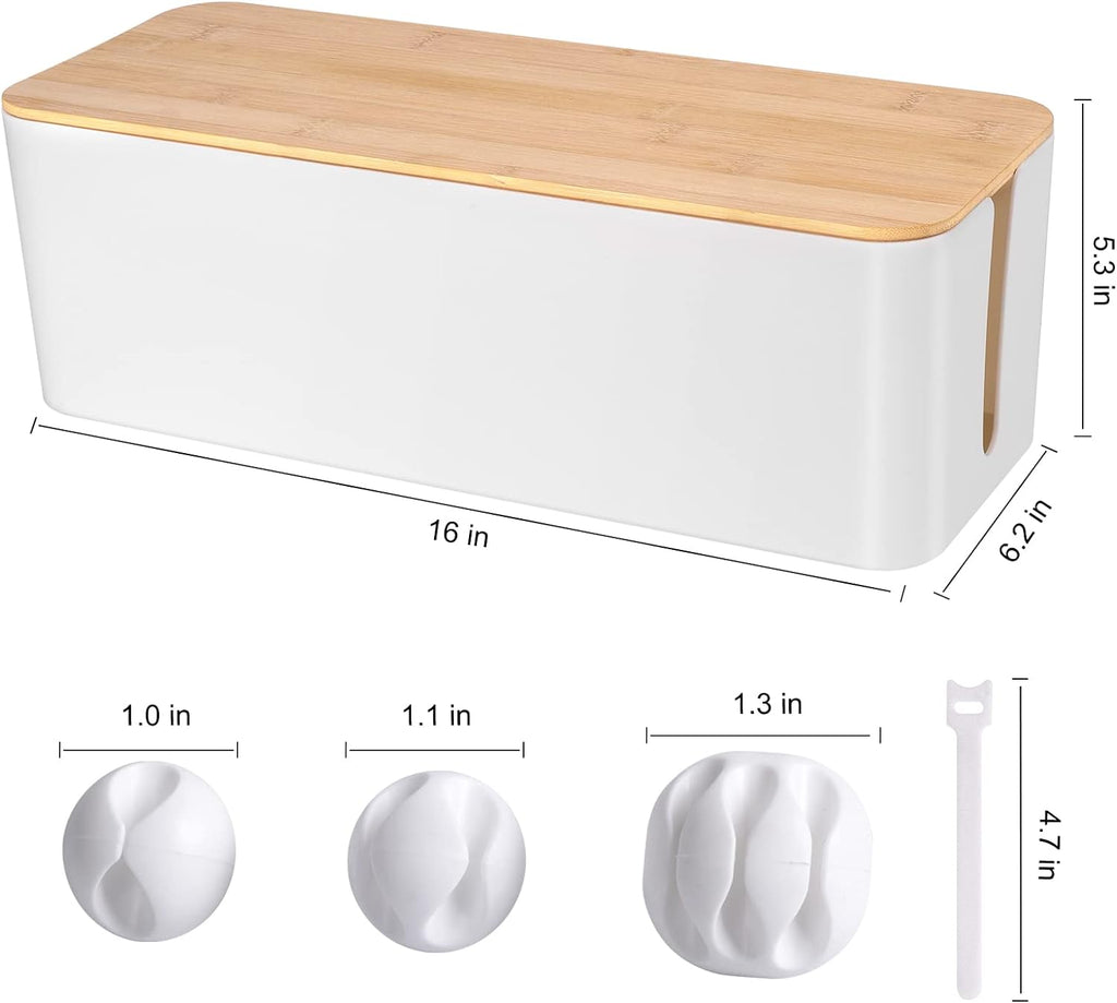 Cable Management Box - Wooden Style Large Cord Organizer Box to Hide Wires & Power Strips | Desk Computer Cable Organizer Box | Safe ABS Material |16" (L) x 6.2" (W) 5.3" (H)|for Home & Office - White