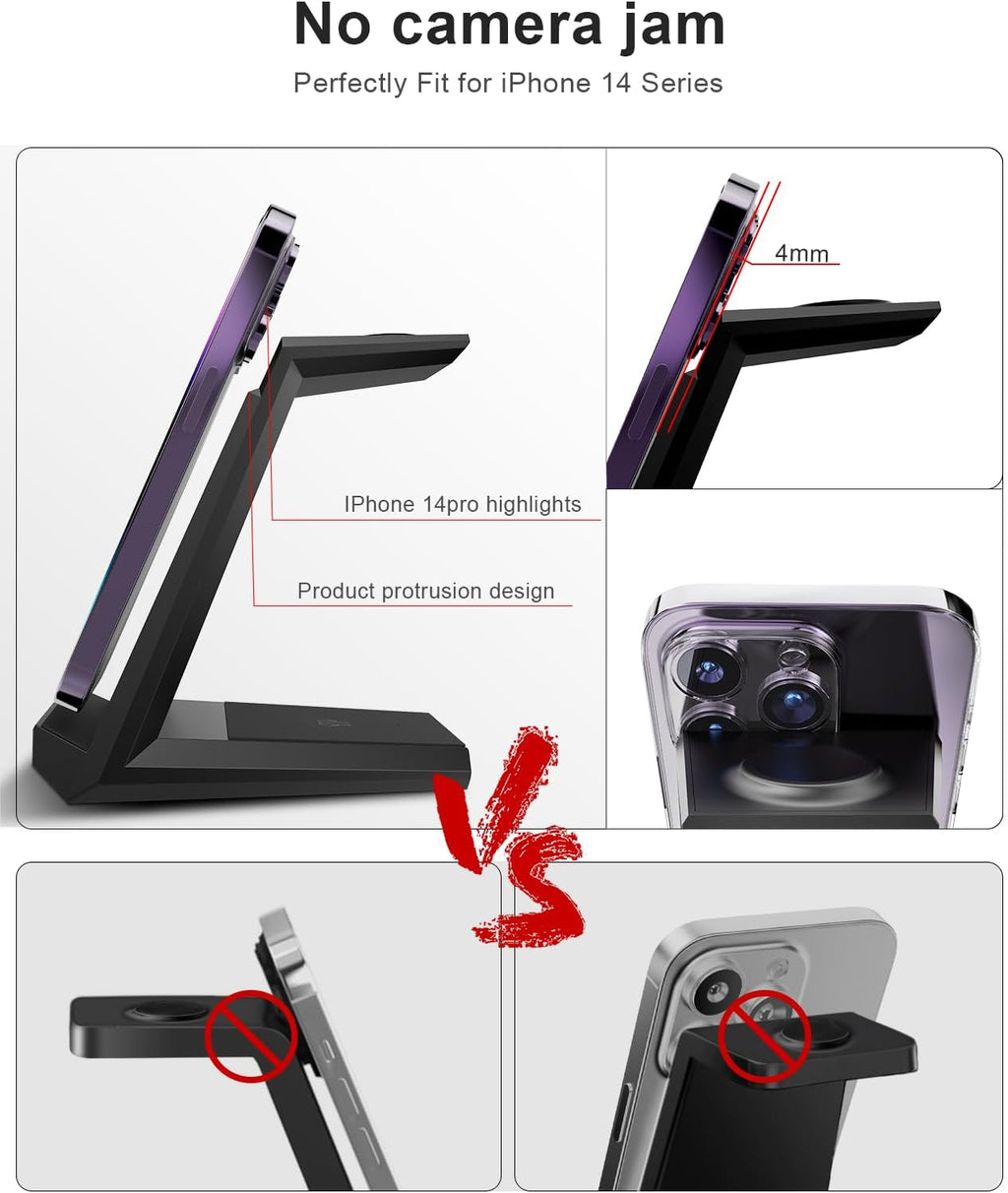 Wireless Charging Station for iPhone - ADADPU 3 in 1 Charger Stand for iPhone 16 Pro Max 15 14 13 12 11 Pro Max XR 8 Plus, for Apple Watch 8/7/SE/6/5/4/3/2,AirPods Pro/3/2(with 5ft Cable and Adapter)