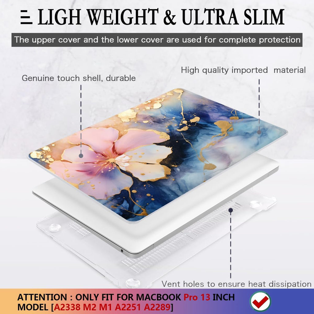 CISSOOK Compatible with MacBook Pro 13 inch Case M2 M1 A2338 A2251 A2289 2025-2020, Plastic Hard Shell Case & Keyboard Cover & Screen Film for MacBook Pro 13-inch with Touch Bar, Marble Flower
