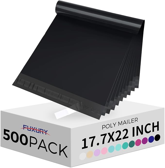 Fuxury 500 Pack 17.7x22" Black Large Poly Mailers Bulk, Waterproof Mailing by Fuxury