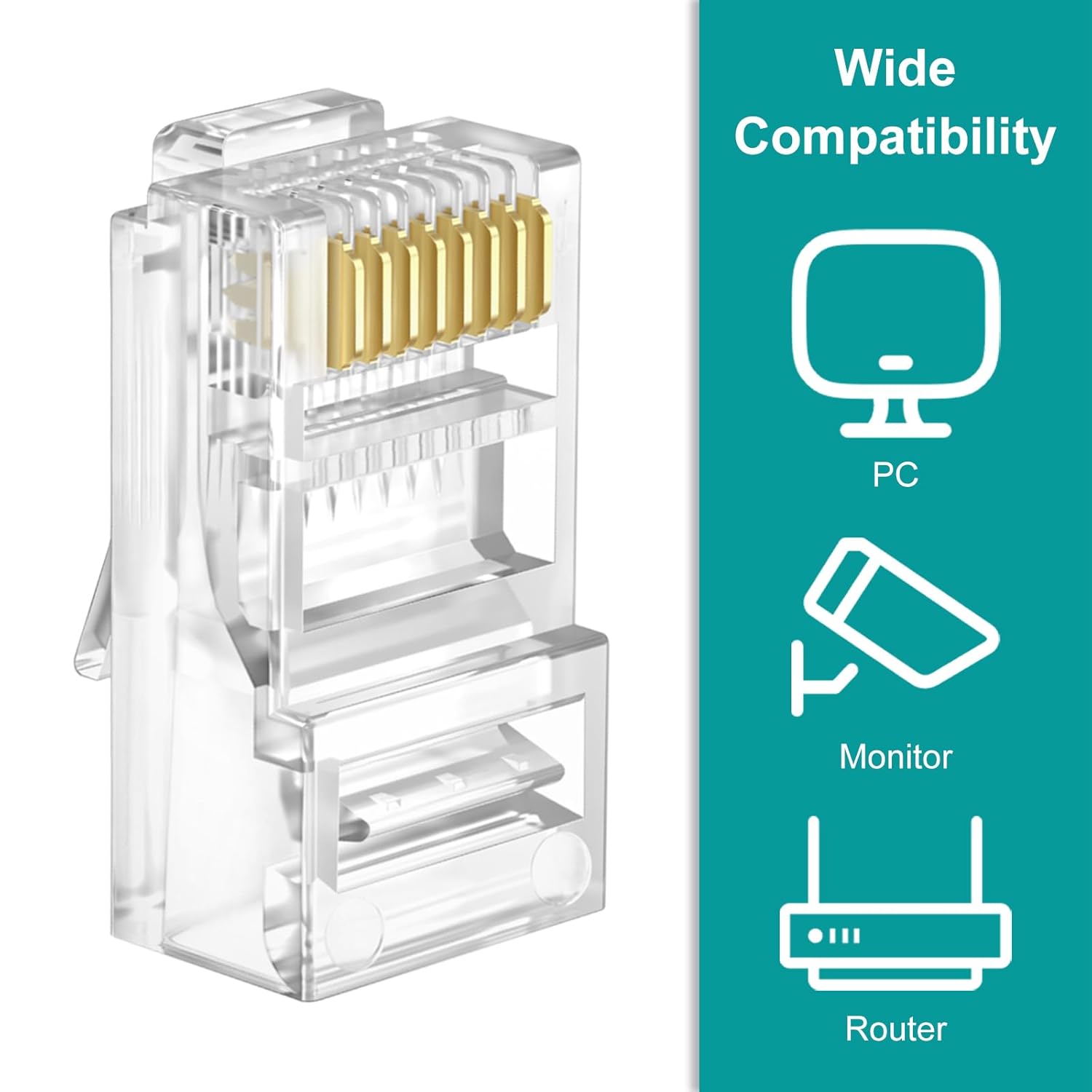 UTP RJ45 Connectors, Cat6 RJ45 Pass Through Plugs 50-Pack, Cat6 RJ45 Plugs with 50-Pack Strain Relief Boots for Solid or Standard Ethernet Cables, Transparent