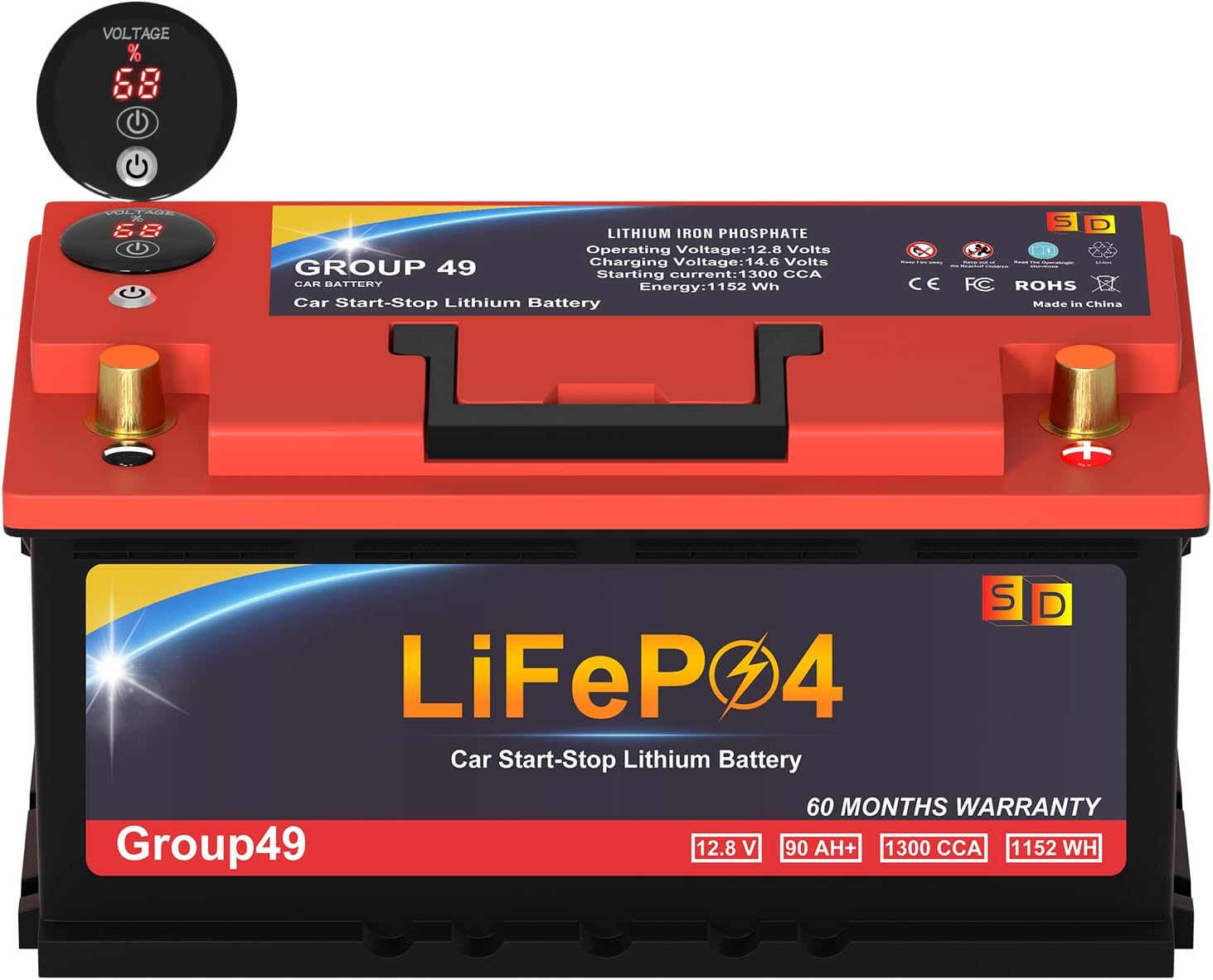 Car Battery GROUP 49 Start and Stop Lithium-ion Car Battery, 12.8V 90Ah 1300CCA LiFePO4 Automotive Battery For Car, With LED Display and Emergency Start Button 60 Months Warranty