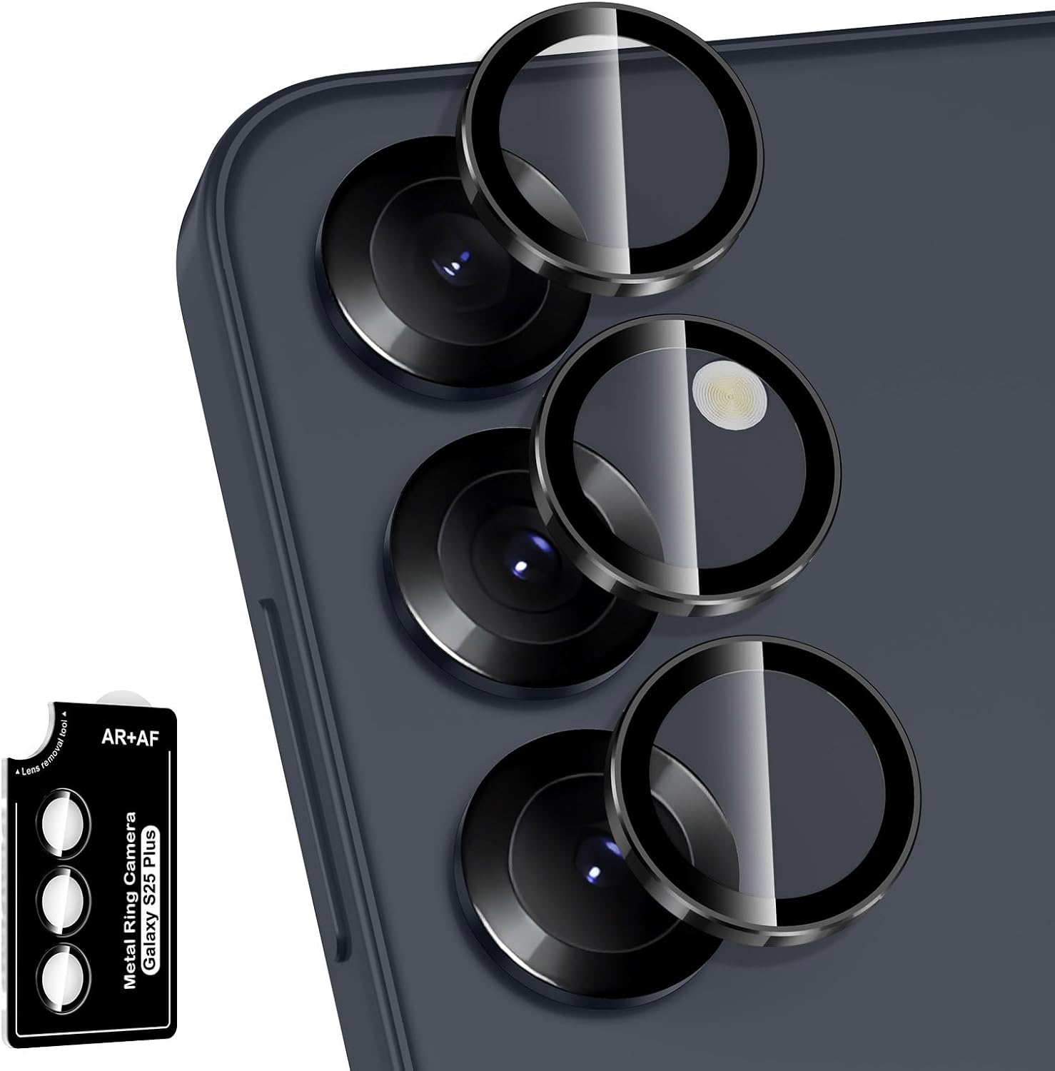 for Samsung Galaxy S25 Plus Camera Lens Protector, Individual Metal Ring Tempered Glass Lens Cover, [Strong Adsorption] Scratch Resistant Ultra-Thin HD Clear Lens Cover, 1 Set-Black Ring