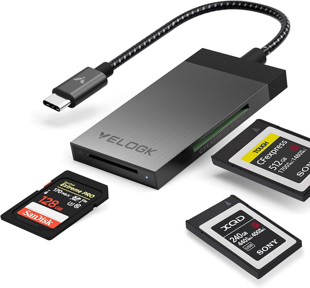 3-in-1 CFexpress/XQD/SD Card Reader USB C, VELOGK Dual-Slot USB 3.2(10Gbps) CFexpress Type B Card Reader Adapter compatible with Android/Windows/Mac OS/Linux, with Brushed Aluminum Case&Portable Pouch