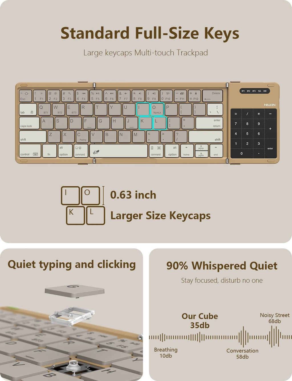 Nillkin Foldable Bluetooth Keyboard with Touchpad & Number Pad, Portable Bluetooth Keyboard with Full Size Keys, Pocket-Sized Wireless Travel Keyboards for iPad, Smartphone, Tablet and Laptop Khaki