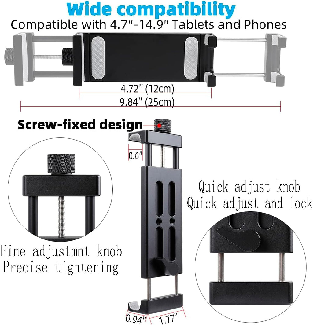 All-Aluminum Heavy Duty Drill Base Tablet Holder Mount for 4.7"-15" iPad Pro,Mini,Samsung Galaxy Tab, Surface, 360°Adjustable 2-Stage Arm Car Stand for Truck Dashboard Wall Desk Commercial Vehicle