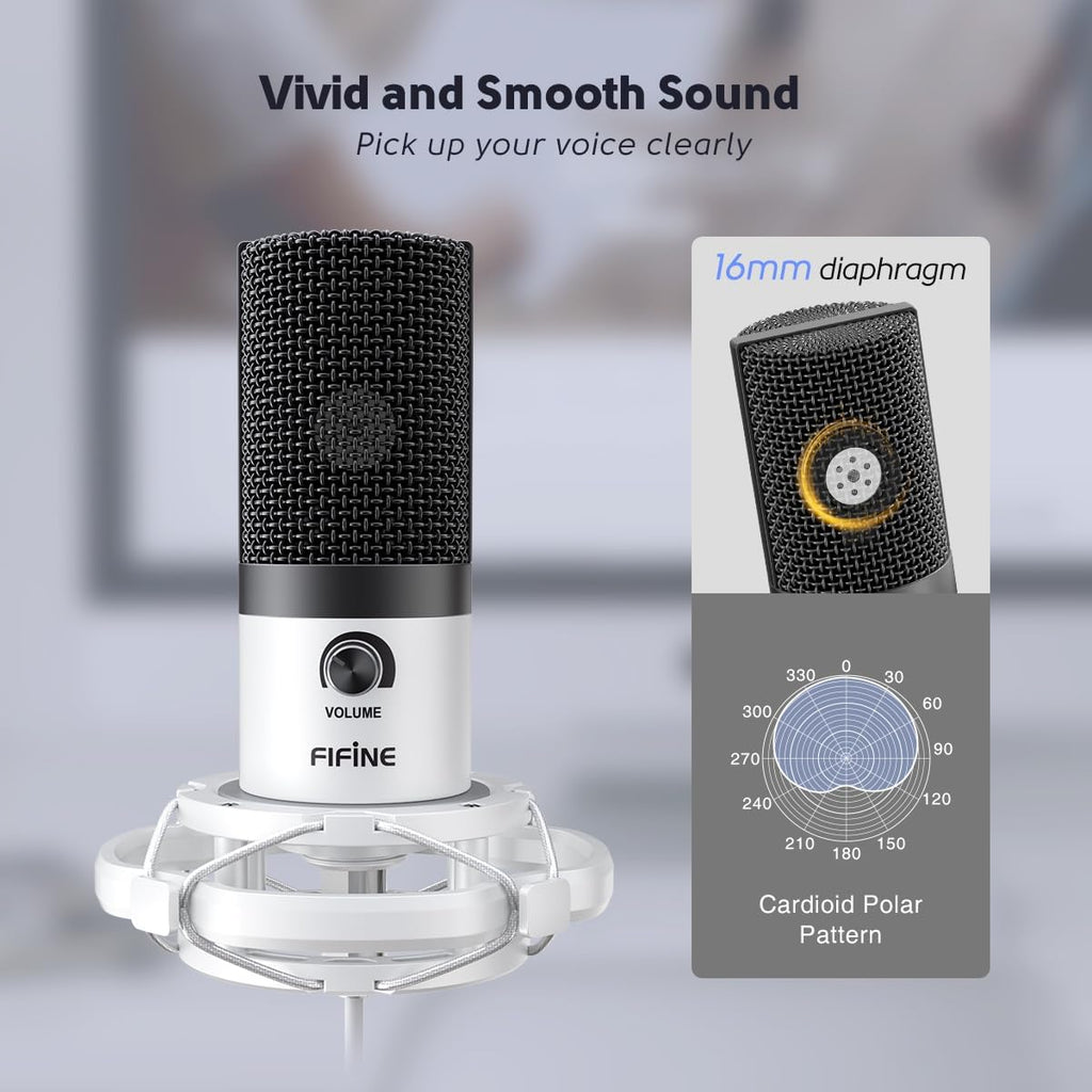 FIFINE USB Recording Microphone Kit, Studio Condenser Microphone for Vocals Music Creation, Voice-Over, Singing with Metal Boom Arm, 16mm Diaphragm, Podcast Mic Set-T669 White