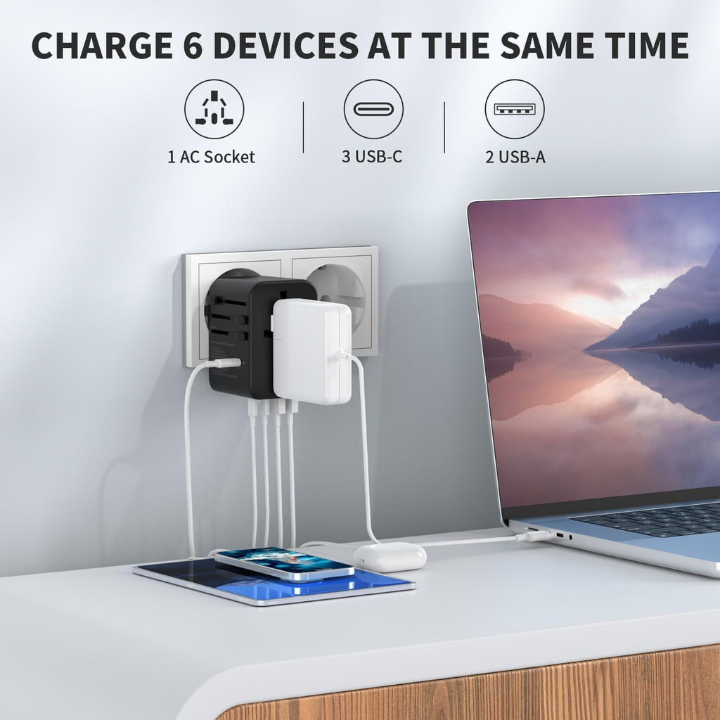 EPICKA Universal Travel Adapter, GaN International Plug Adapter with 3 USB-C 70W PD Fast Charging & 2 USB-A Adaptor All-in-one Wall Charger for USA EU UK AUS (TA-105 Pro, Black)