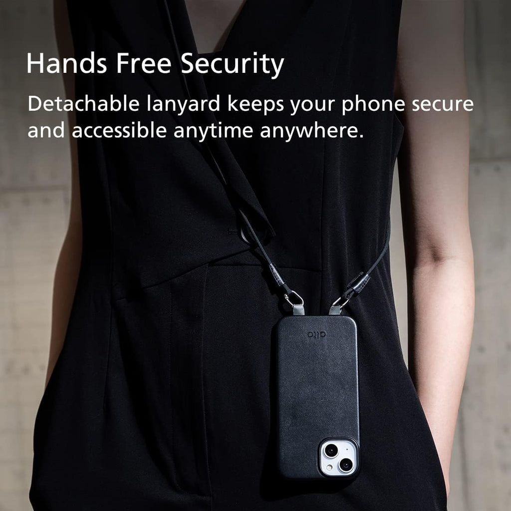 alto Crossbody Phone Lanyard: detachable patch, nylon strap with Italian leather pad, for iPhone and android full body phone cases (Raven Black)