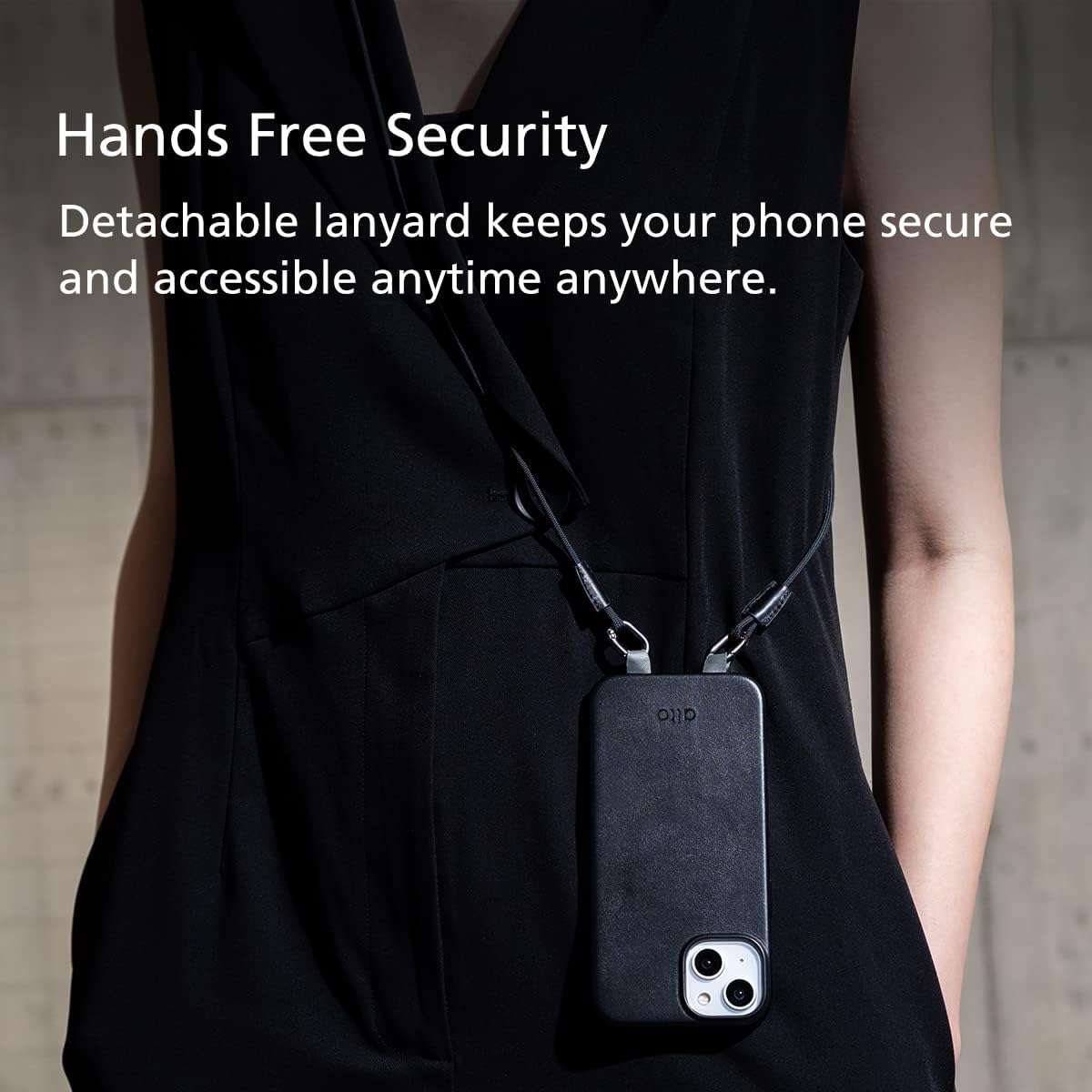 alto Crossbody Phone Lanyard: detachable patch, nylon strap with Italian leather pad, for iPhone and android full body phone cases (Raven Black)