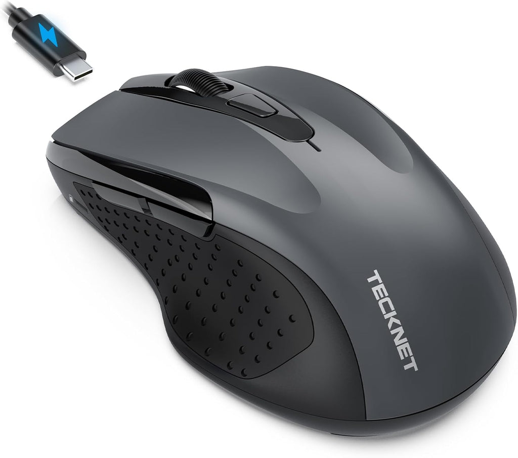 TECKNET Rechargeable Jiggler Wireless Mouse (BT5.0/3.0 & 2.4G) 4800 DPI Silent USB A & Bluetooth Mouse 6 Buttons, Wide Compatibility - Grey