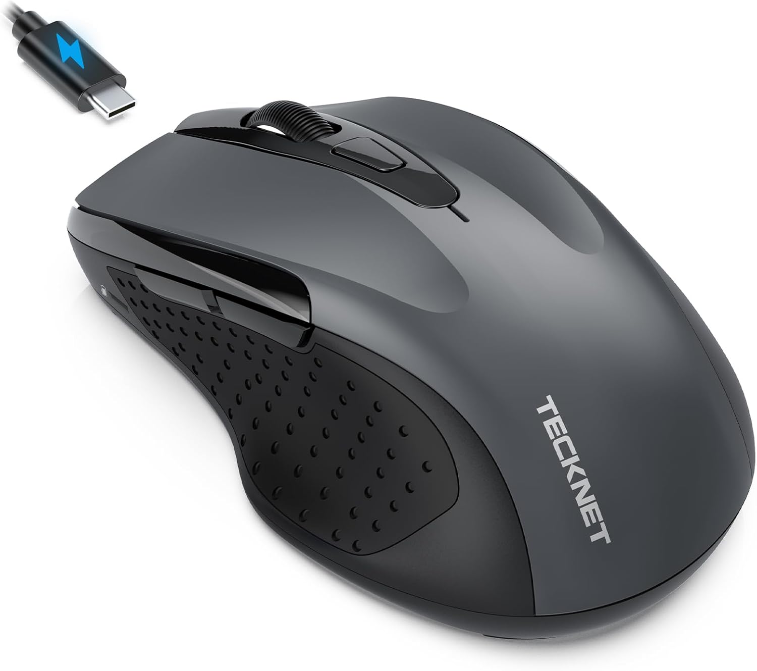 TECKNET Rechargeable Jiggler Wireless Mouse (BT5.0/3.0 & 2.4G) 4800 DPI Silent USB A & Bluetooth Mouse 6 Buttons, Wide Compatibility - Grey