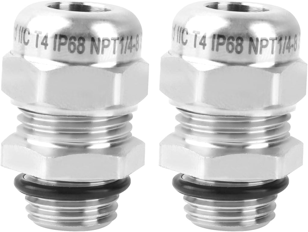 2 Pcs 1/4" NPT Stainless Steel Waterproof Cable Gland, IP68 Waterproof Adjustable Cable Glands, Strain Relief Cord Grip Connectors with Gaskets and Locknut for 4-8mm Cable Diameter