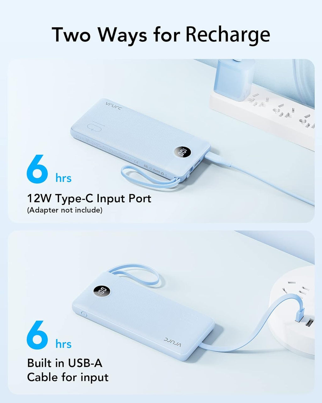 VRURC 10000mAh Power Bank Built-in Cables, Portable Charger with LED Display, Slim Travel Battery Pack with Cords, 5 Output Dual Input Phone Charger for Cell Phone Smart Devcies-Blue(1 Pack)